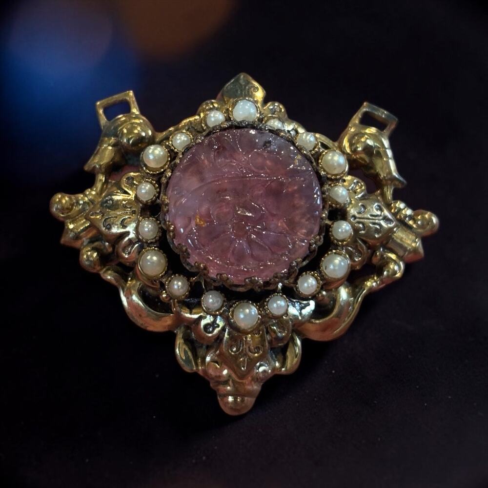 Vintage Pink Glass Pearl Pendant Ornate Gold Baroque Renaissance Statement